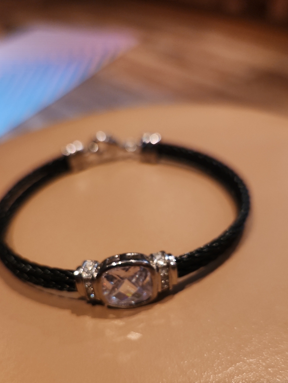 Crystal Accent Black Braided Leather Bracelet By Guess